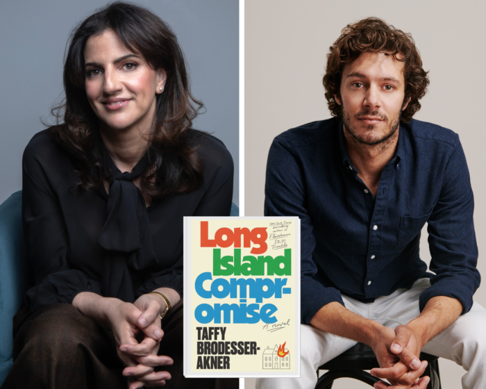 A collage of photos with a portrait of  Taffy Brodesser-Akner on the left, a portrait of Adam Brody on the right, and the book cover of Long Island Compromise in the middle.