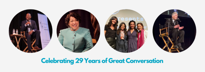 A collage of photos from past Writers Bloc program. From left to right: Ta-Nehisi Coates, Justice Sonia Sotomayor, Megan Twohey, America Ferrera, Jodi Kantor, Andrea Grossman, and David Lynch. The bottom says "Celebrating 29 Years of Great Conversation"