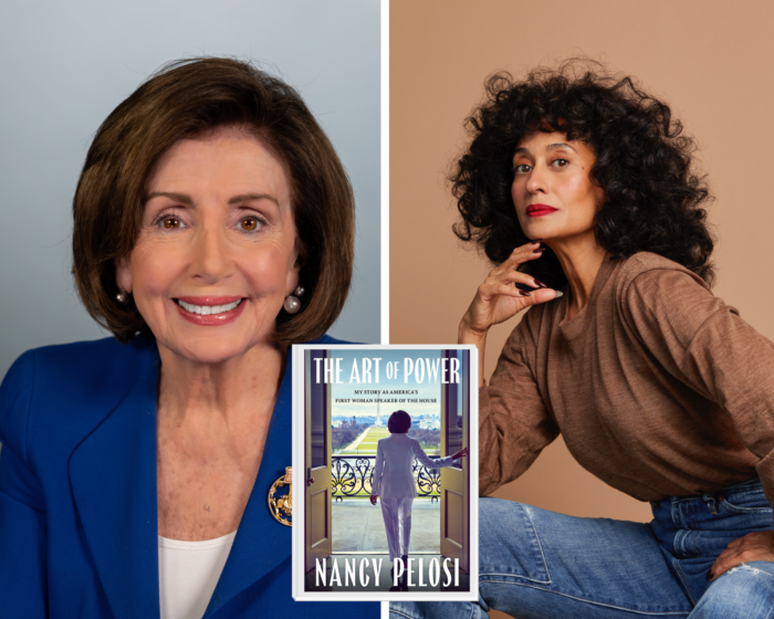 A photo collage with a portrait of Nancy Pelosi on the left, the book cover of The Art of Power in the middle, and a portrait of Tracee Ellis Ross on the right. The book cover shows Nancy Pelosi looking over Washington DC.