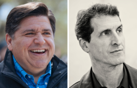 A photo collage of the program guests JB Pritzker and Billy Ray.