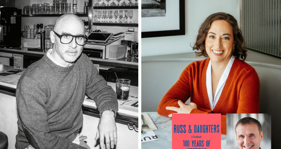 A photo collage of the program guests Niki Russ Federman, Josh Russ Tupper, Phil Rosenthal and the book cover of Russ & Daughters: 100 Years of Appetizing.