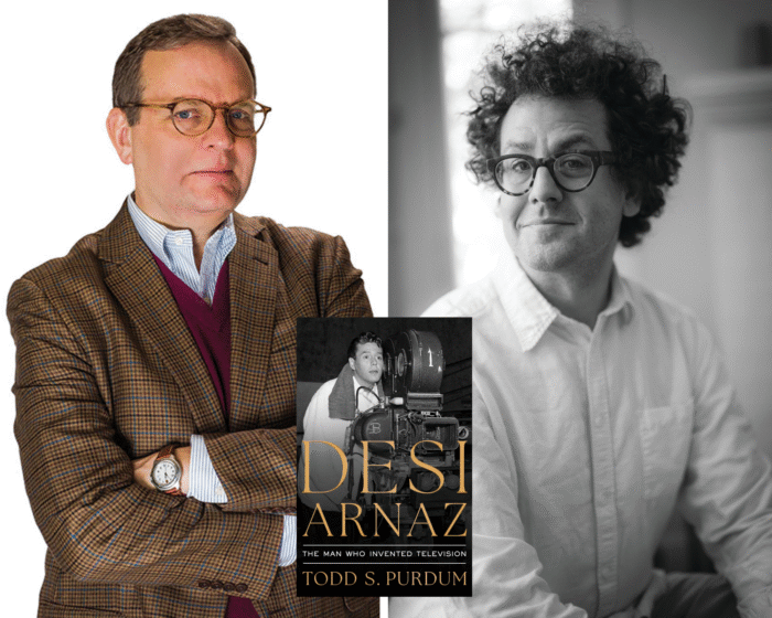 A photo collage with photos of Todd Purdum and Sam Wasson and the book cover of Desi Arnaz: The Man Who Invented Television.