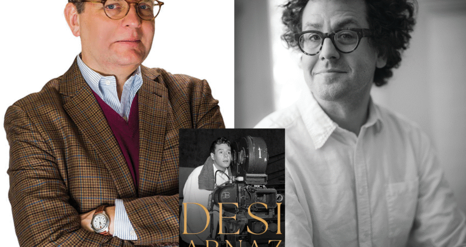 A photo collage with photos of Todd Purdum and Sam Wasson and the book cover of Desi Arnaz: The Man Who Invented Television.