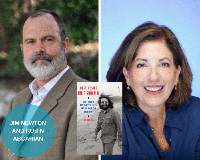 A photo collage of the program guests Jim Newton and Robin Abcarian and the book cover of Here Beside the Rising Tide. There is a blue circle on the bottom left corner with the two guests' names.