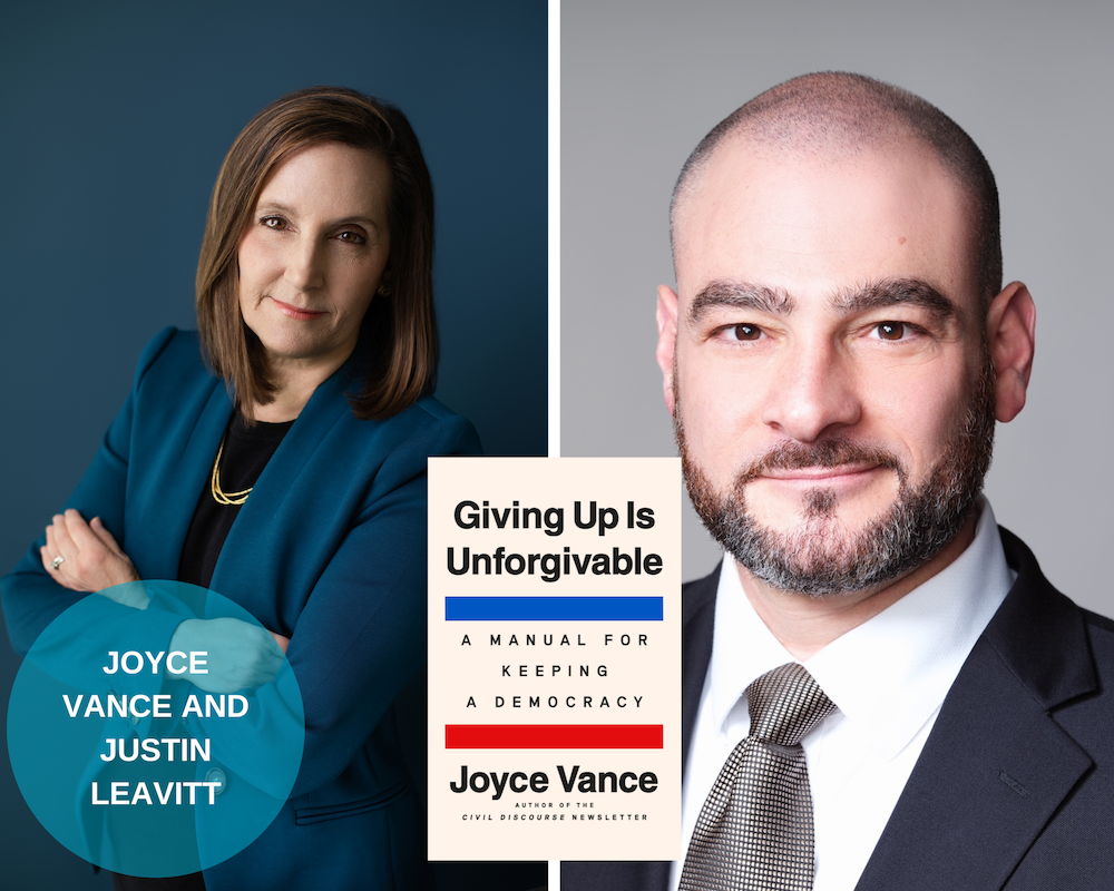 A photo collage of Joyce Vance, Justin Leavitt and the book cover of Giving Up is Unforgiveable.