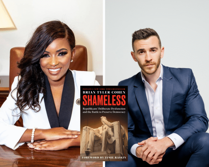 A photo collage of the program guests, Rep. Jasmine Crockett and Brian Tyler Cohen. The cover of the book, Shameless, is in the middle.