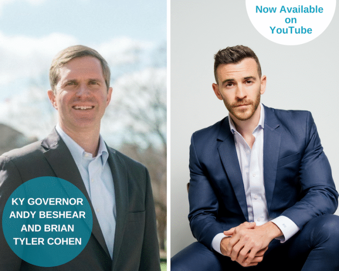 A photo collage of the program guests, KY Governor Andy Beshear and Brian Tyler Cohen. The cover of the book, Shameless, is in the middle. The names of the guests are in a blue circle on the lower left side. There is a white half circle on the upper right that says "Now Available on YouTube"