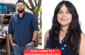 A photo collage of program guests Memo Torres of LA TACO and Brittny Mejia of the LA Times. There is a red oval that says "Is Ice Coming to a Neighborhood Near You?"