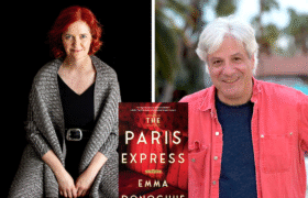 Photo collage of Emma Donoghue and David Ulin. The Paris Express book cover is in the middle.
