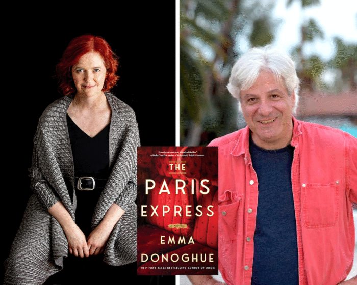 Photo collage of Emma Donoghue and David Ulin. The Paris Express book cover is in the middle.