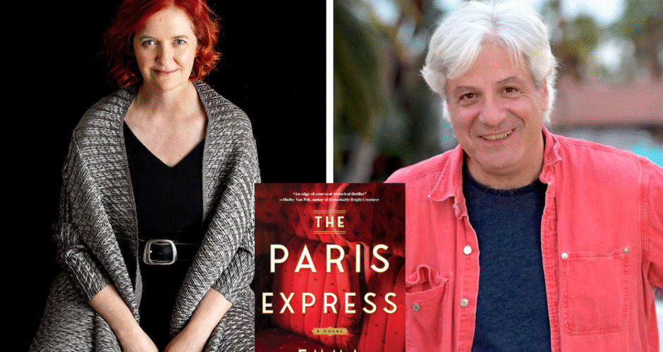 Photo collage of Emma Donoghue and David Ulin. The Paris Express book cover is in the middle.