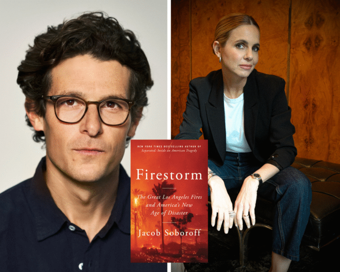 A photo collage of the program guests Jacob Soboroff and Mariana van Zeller. There is also the book cover of Firestorm.