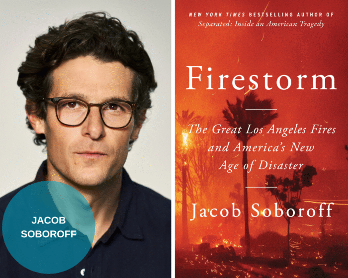 A photo collage of the program guest Jacob Soboroff. There is a blue circle on the left bottom corner with the name of the author. There is also the book cover of Firestorm.