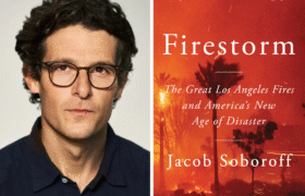 A photo collage of the program guest Jacob Soboroff. There is also the book cover of Firestorm.
