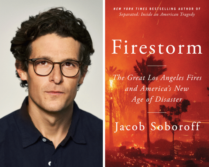 A photo collage of the program guest Jacob Soboroff. There is also the book cover of Firestorm.