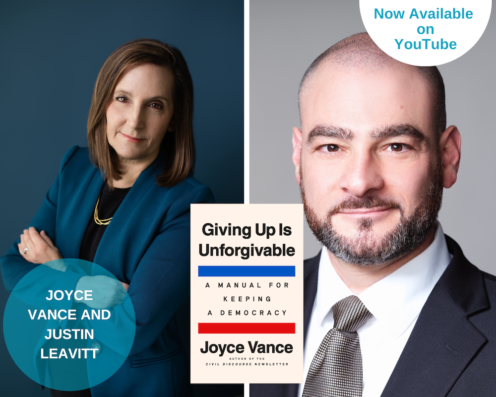 A photo collage of Joyce Vance, Justin Leavitt and the book cover of Giving Up is Unforgiveable. There is a half white circle on the upper right corner that says "Now Available on YouTube"