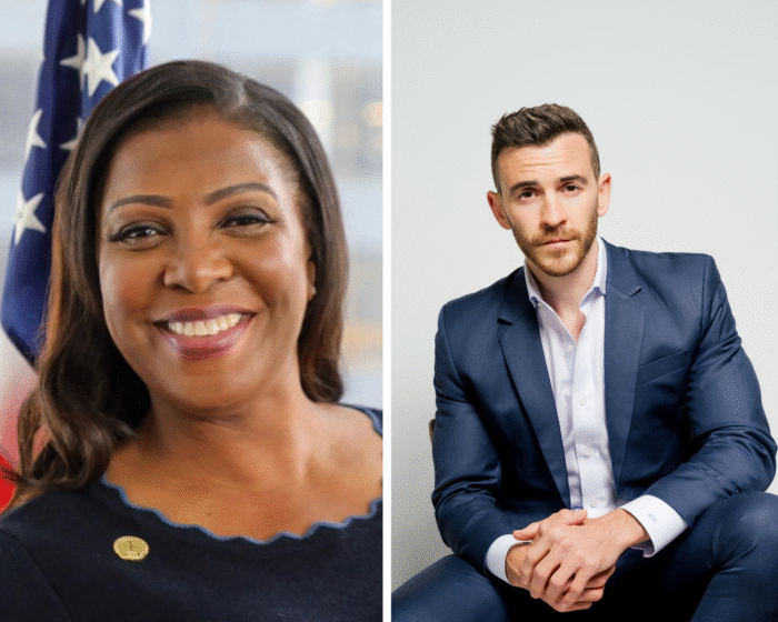 A photo collage with photos of Letitia James and Brian Tyler Cohen.