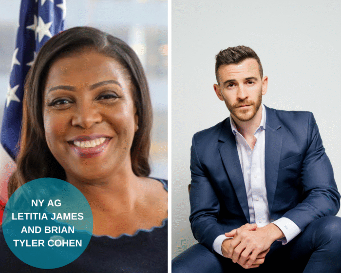A photo collage of the program guests NY AG Letitia James and Brian Tyler Cohen. There is a blue circle on the left bottom corner with the names of the guests.