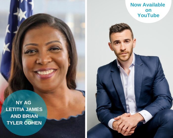 A photo collage of the program guests Letitia James and Brian Tyler Cohen. The names of the guests are in a blue circle on the lower left side. There is a white half circle on the upper right that says "Now Available on YouTube"