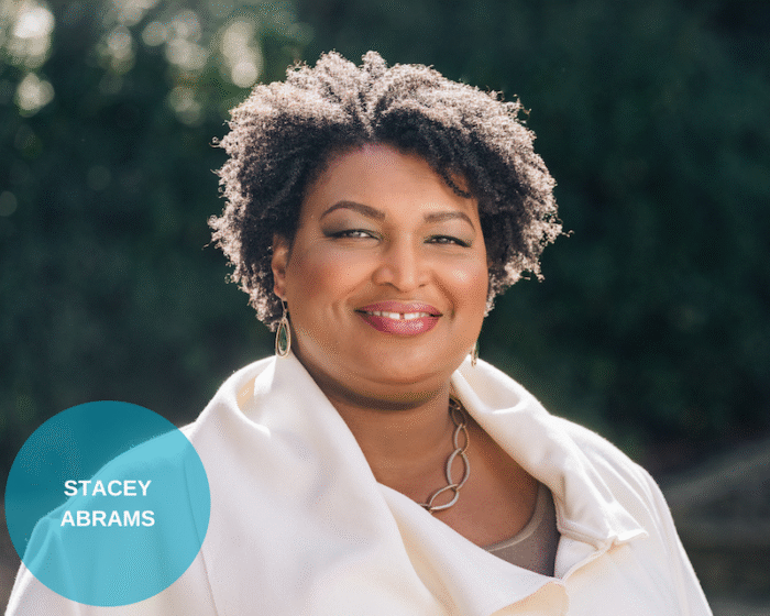 A photo collage of the program guest Stacey Abrams. There is a blue circle on the left bottom corner with the name of the guest.