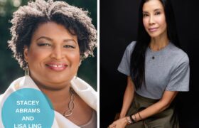 A photo collage of Stacey Abrams and Lisa Ling. There is a blue circle on the lower left with their names.