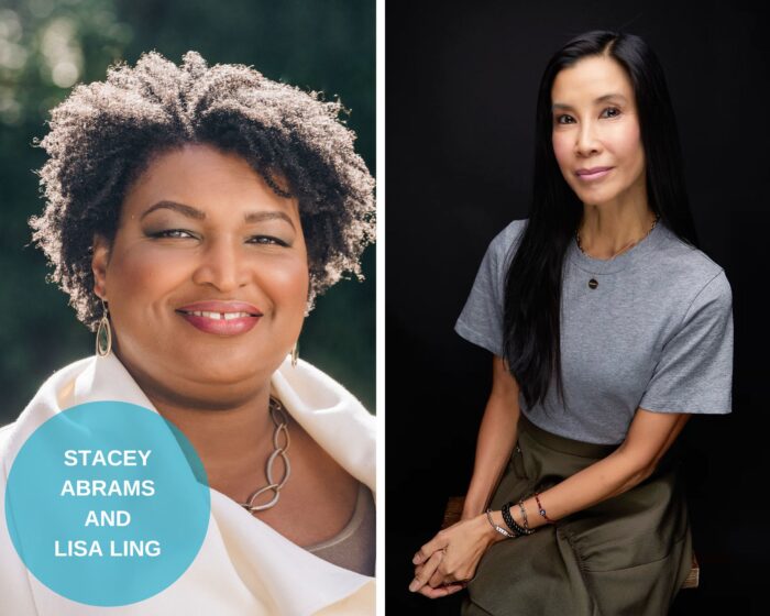 A photo collage with program guests Stacey Abrams and Lisa Ling. There is a blue circle on the lower left corner with their names.