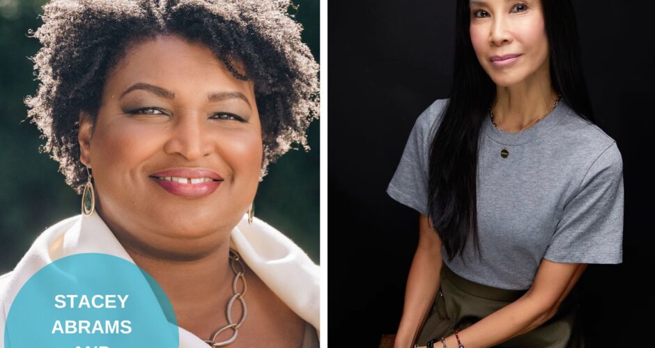 A photo collage of Stacey Abrams and Lisa Ling. There is a blue circle on the lower left with their names.