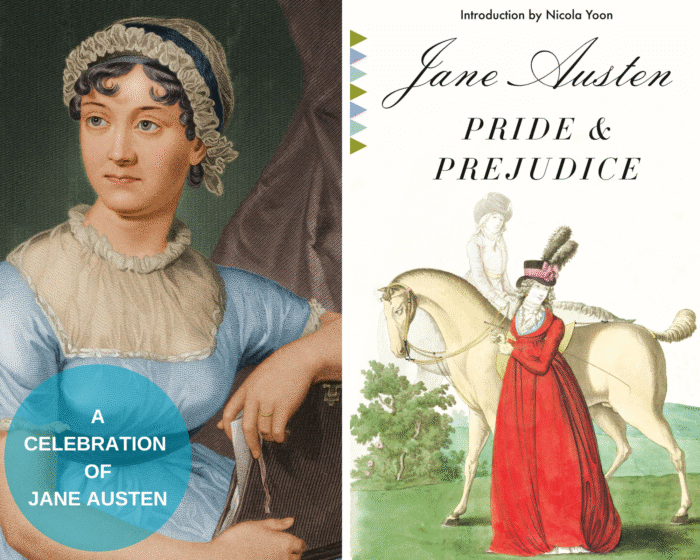 A photo collage of Jane Austen and the book cover of Pride and Prejudice. There is a blue circle with text that says "A Celebration of Jane Austen."