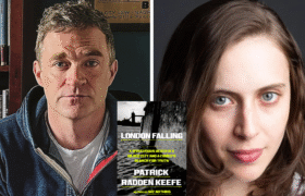 A photo collage of Patrick Radden Keefe and Ava Kofman with the book cover of London Falling in the middle.