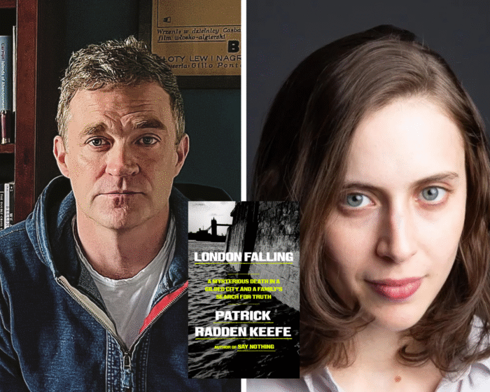 A photo collage of Patrick Radden Keefe and Ava Kofman with the book cover of London Falling in the middle.