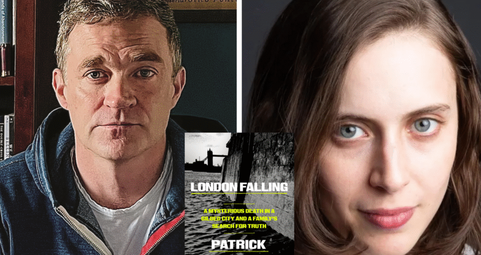 A photo collage of Patrick Radden Keefe and Ava Kofman with the book cover of London Falling in the middle.