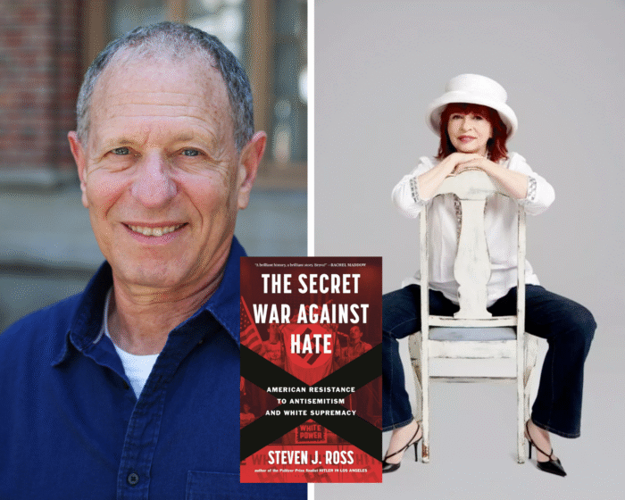A photo collage of Steven J. Ross and Patt Morrison. In the middle of the book cover is The Secret War Against Hate.