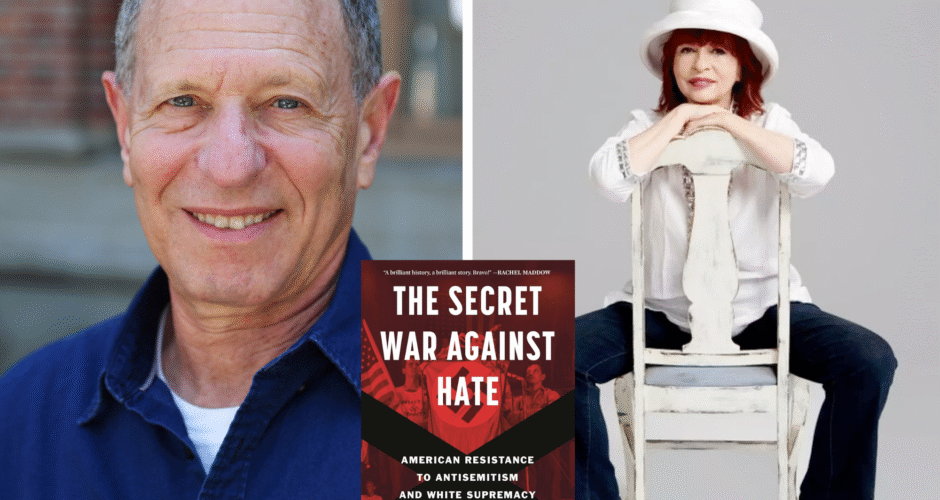 A photo collage of Steven J. Ross and Patt Morrison. In the middle of the book cover is The Secret War Against Hate.