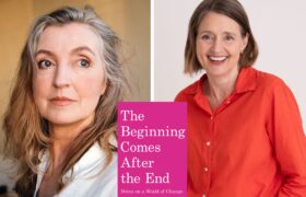 A photo collage of the program guests Rebecca Solnit and Jessica Craven. The pink book cover, The Beginning Comes After the End, is in the middle.