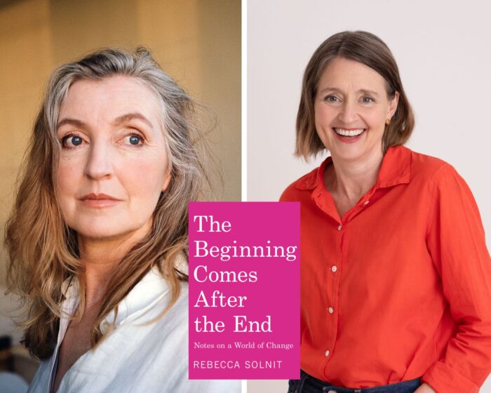 A photo collage with a photo of Rebecca Solnit, a photo of Jessica Craven, and the pink book cover of The Beginning Comes After The End.