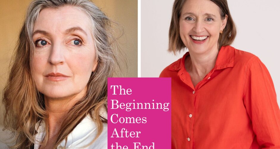 A photo collage of the program guests Rebecca Solnit and Jessica Craven. The pink book cover, The Beginning Comes After the End, is in the middle.