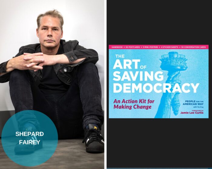 A photo collage with a photo of Shepard Fairey and the book cover of The Art of Saving Democracy. There is a blue circle on the lower left corner that has Fairey's name on it.