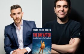 A photo collage of Brian Tyler Cohen, Jon Lovett and the book cover of The Day After in the middle.