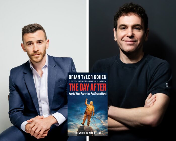 A photo collage of Brian Tyler Cohen, Jon Lovett and the book cover of The Day After in the middle.