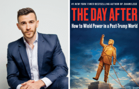 A photo collage of Brian Tyler Cohen and the The Day After Book Cover