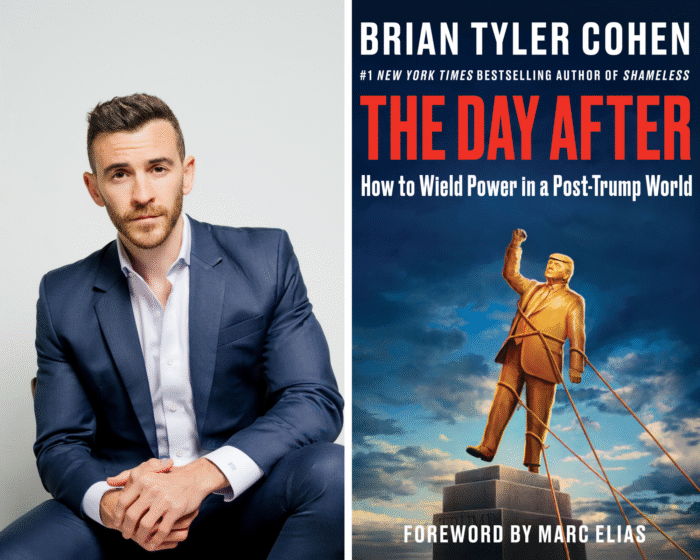 A photo collage of Brian Tyler Cohen and the book cover of The Day After.