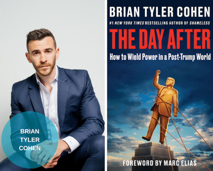 A photo collage of Brian Tyler Cohen and the book cover of The Day After. There is the blue circle on the lower right corner that says "Brian Tyler Cohen"