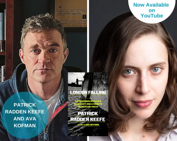 A photo collage of Patrick Radden Keefe and Ava Kofman with the book cover of London Falling in the middle. There is a blue circle on the lower left with their names. The upper right corner has a half circle that says "Now Available on YouTube"
