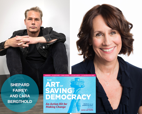 A photo collage with photos of Shepard Fairey, Lara Bergthold, and the book cover of The Art of Saving Democracy. There is a blue circle on the lower left corner that has Fairey's and Bergthold's name on it.