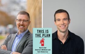 A photo collage of the program guests Ben Wikler and Jon Favreau. The light blue book cover, This is the Plan, is in the middle.