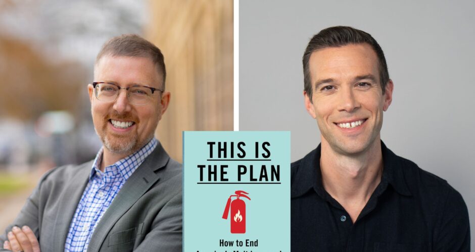 A photo collage of the program guests Ben Wikler and Jon Favreau. The light blue book cover, This is the Plan, is in the middle.