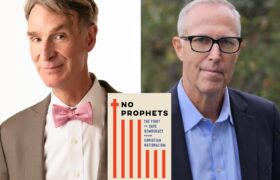 A Photo Collage of Bill Nye the Science Guy and Congressman Jared Huffman. The beige book cover of No Prophets is in the middle.