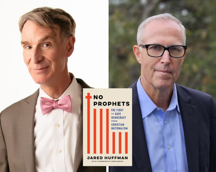 A Photo Collage of Bill Nye the Science Guy and Congressman Jared Huffman. The beige book cover of No Prophets is in the middle.
