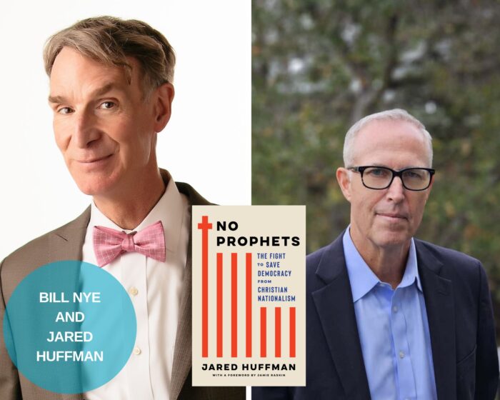 A Photo Collage of Bill Nye the Science Guy and Congressman Jared Huffman. The beige book cover of No Prophets is in the middle. There is a blue circle with their names on the bottom left corner