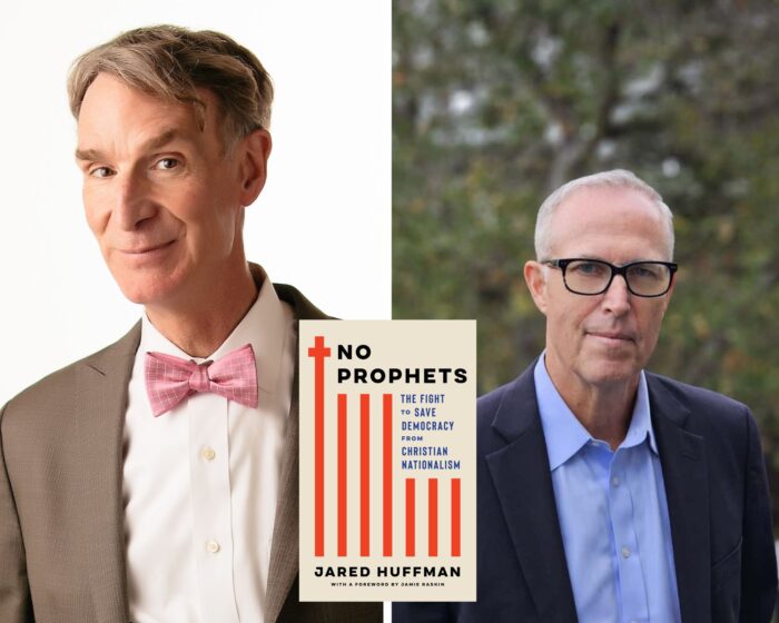 A Photo Collage of Bill Nye the Science Guy and Congressman Jared Huffman. The beige book cover of No Prophets is in the middle.